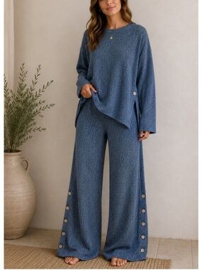 Free People SET: Button Up Sweater Set, 100% Cotton Blue Sea Combo, NEW